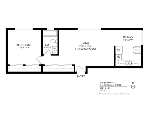 Floor plan for 1 bed, 1 bath, 440 sqft